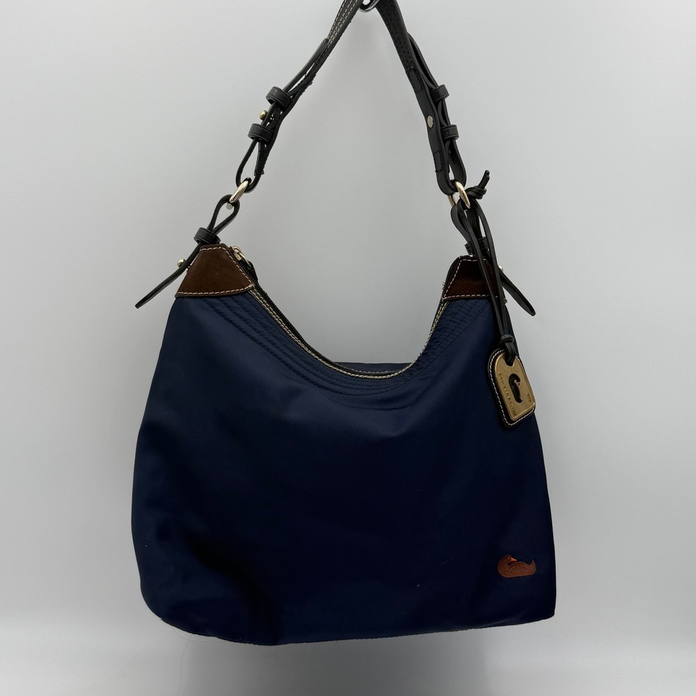 Dooney & Bourke Navy Blue Nylon Hobo Bag Brown Leather Trim Pink Lining 1975